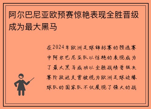 阿尔巴尼亚欧预赛惊艳表现全胜晋级成为最大黑马