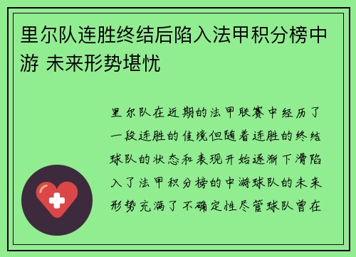 里尔队连胜终结后陷入法甲积分榜中游 未来形势堪忧