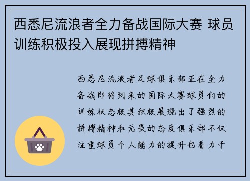 西悉尼流浪者全力备战国际大赛 球员训练积极投入展现拼搏精神